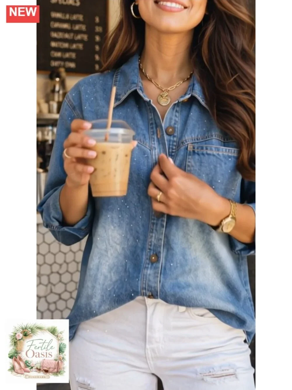 Rhinestone Washed Denim Shacket Oversized Long Sleeve Button Down Jacket